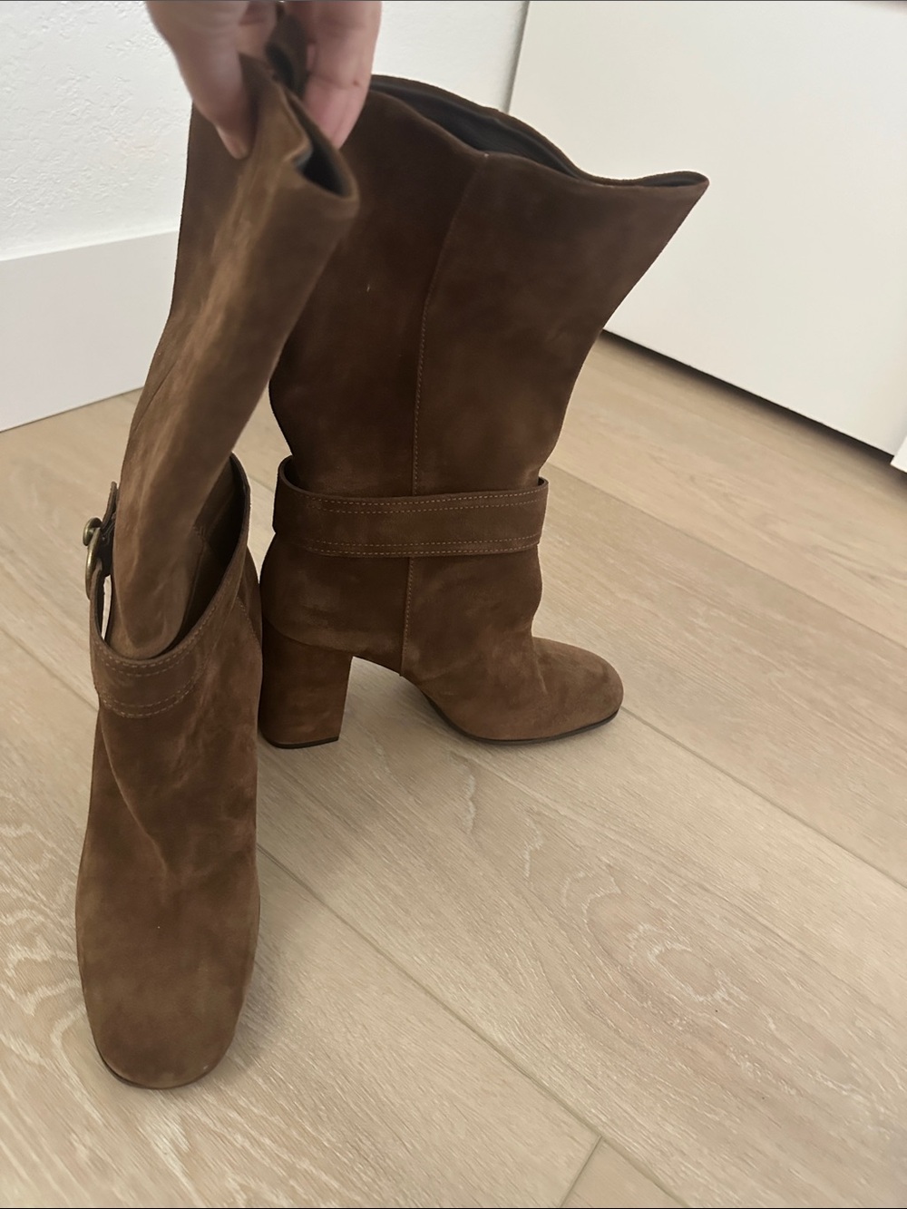Women’s Brown Suede Mid-Calf Block Heel Boots with Strap Detail